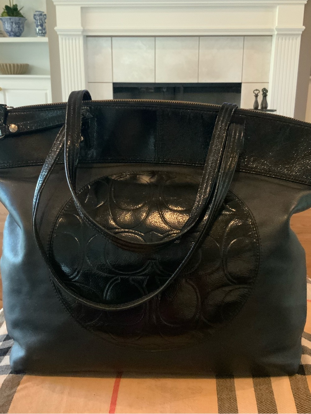 Coach Black Leather Tote with Signature Circle Motif